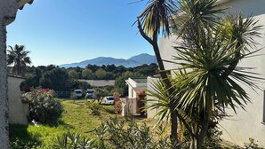 Un quartier résidentiel offrant une vue sur les montagnes, avec des voitures garées et un palmier.