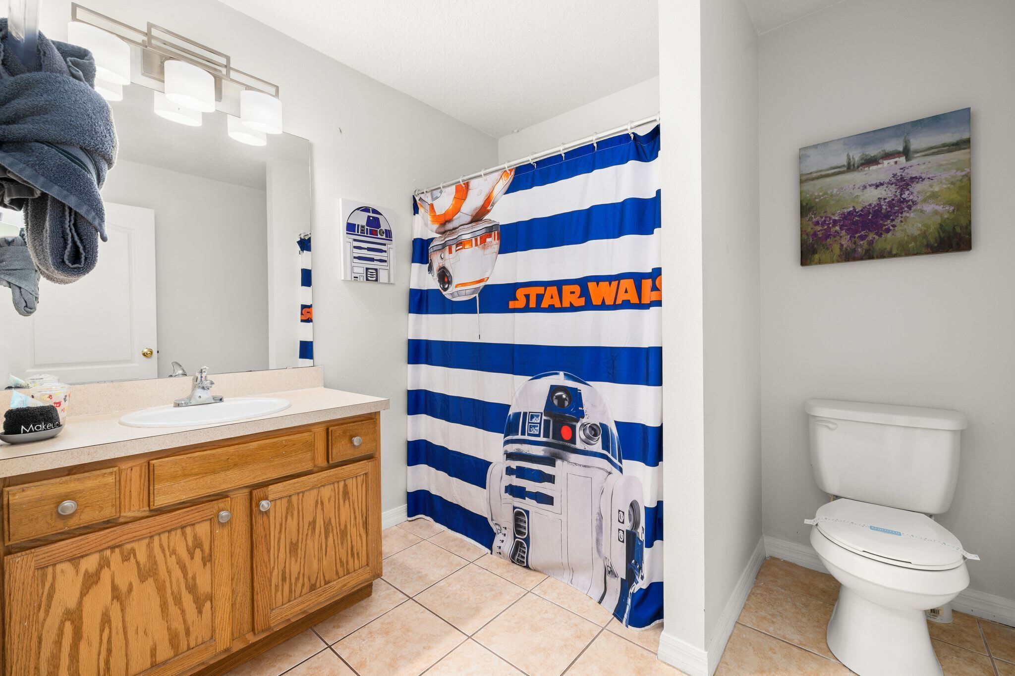 A bathroom with a Star Wars themed shower curtain, a wooden vanity, a white toilet, and a framed landscape painting on the wall.