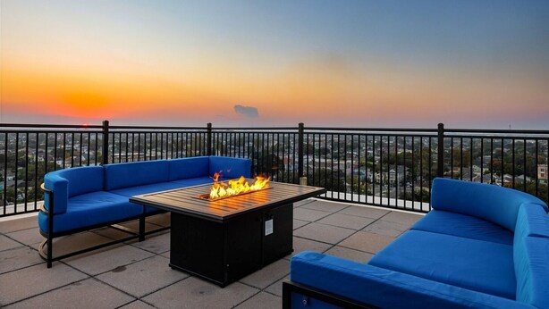 A rooftop terrace with a fire feature, blue seating, and a view of a cityscape.