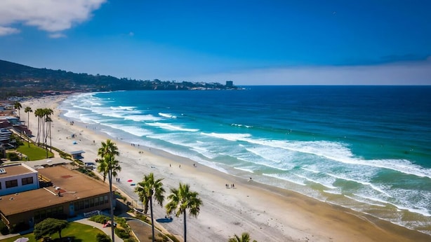 A coastal beach with a clear view of the ocean, a sandy shore, and a few palm trees. - Amazing Location, Across from the Beach W/Jacuzzi! (San Diego)