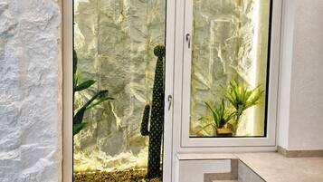 Una habitación con una puerta de cristal que da a un terrario de cactus, un pequeño banco de madera y una escalera.
