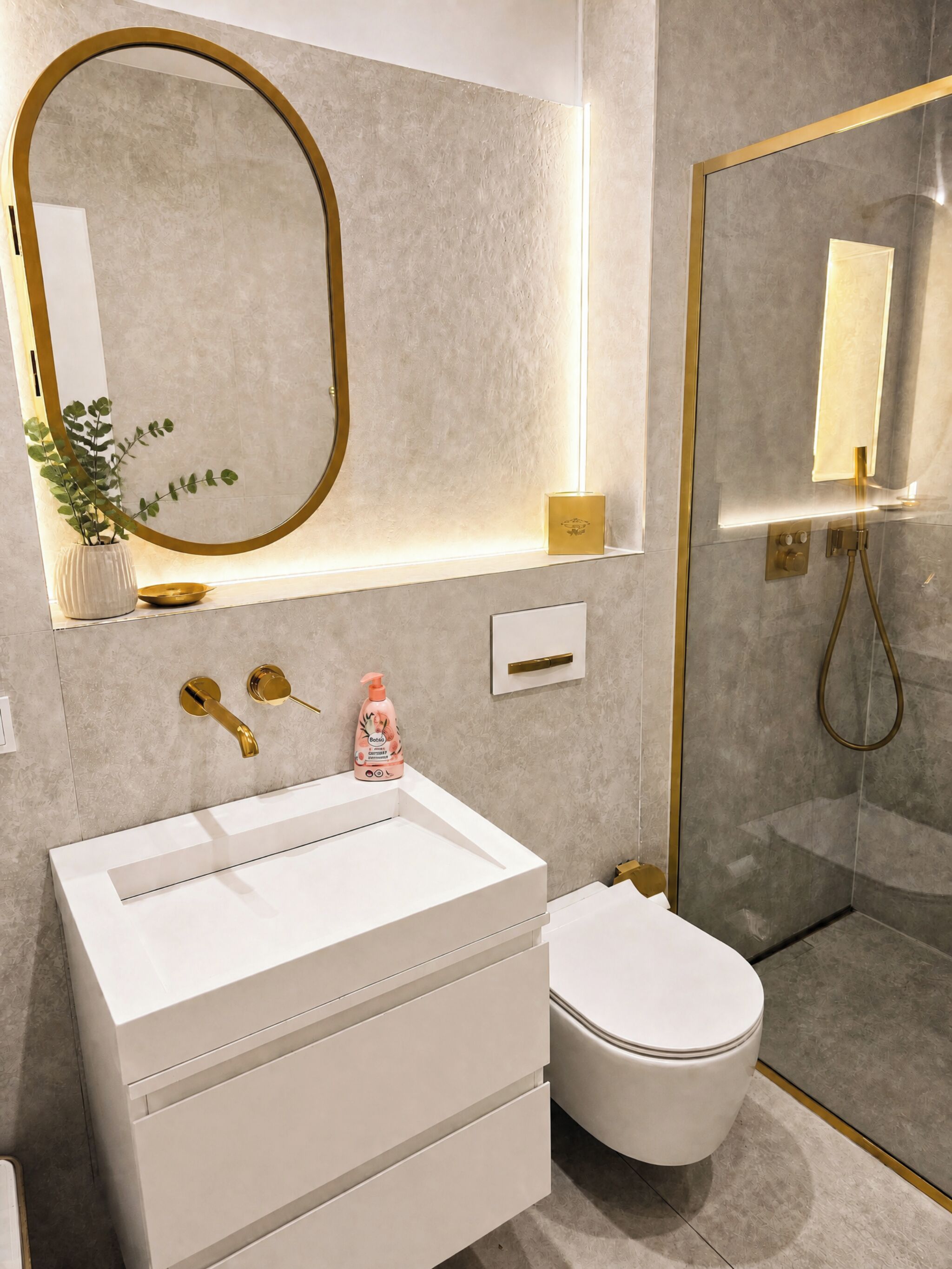 Ein modernes Badezimmer mit einem weißen Waschtisch, einem spiegel mit goldener Rahmung, einer weißen Toilette und einer Duschkabine aus Glas.