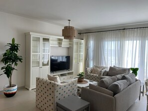 A living room with a TV, sofa, chairs, a dining table, and a cabinet.