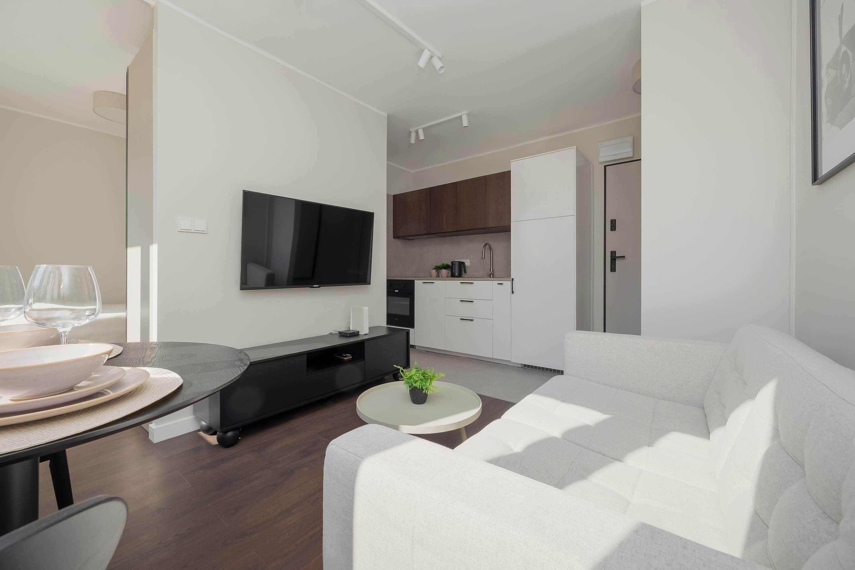 Un salon moderne comprenant un canapé, une table à manger avec des assiettes et des verres, un téléviseur à écran plat, une petite table ronde avec une plante, et un coin cuisine avec des placards et un réfrigérateur.