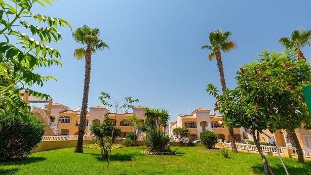 A hotel courtyard with palm trees, a small fountain, and a building with balconies. - Fidalsa Summer Breeze (Orihuela)