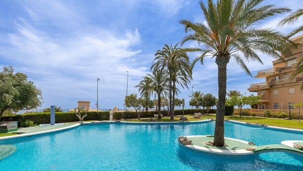 A swimming pool with palm trees and a building in the background.
