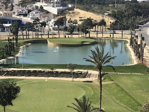 A golf course with a pond, palm trees, and a view of nearby buildings. - Fidalsa Golf & Beach (Rojales)