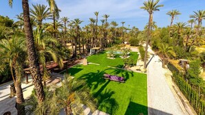 A landscaped garden with palm trees, a pool, and a seating area. - Historical Palms by Fidalsa (Elche)