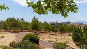 Un jardin aménagé avec des allées, des arbres et une vue sur une ville lointaine.