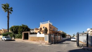 Una calle residencial con un acceso cerrado, una palmera y coches estacionados.