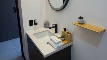 Hair dryer, towels, soap, toilet paper