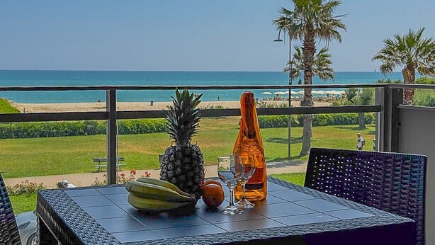 Ein Tisch mit Früchten und einer Flasche, mit Blick auf einen Strand mit Palmen und einem klaren Himmel.
