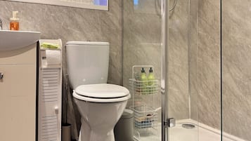 Hair dryer, towels, soap, toilet paper