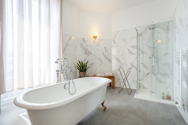 Shower, hair dryer, towels