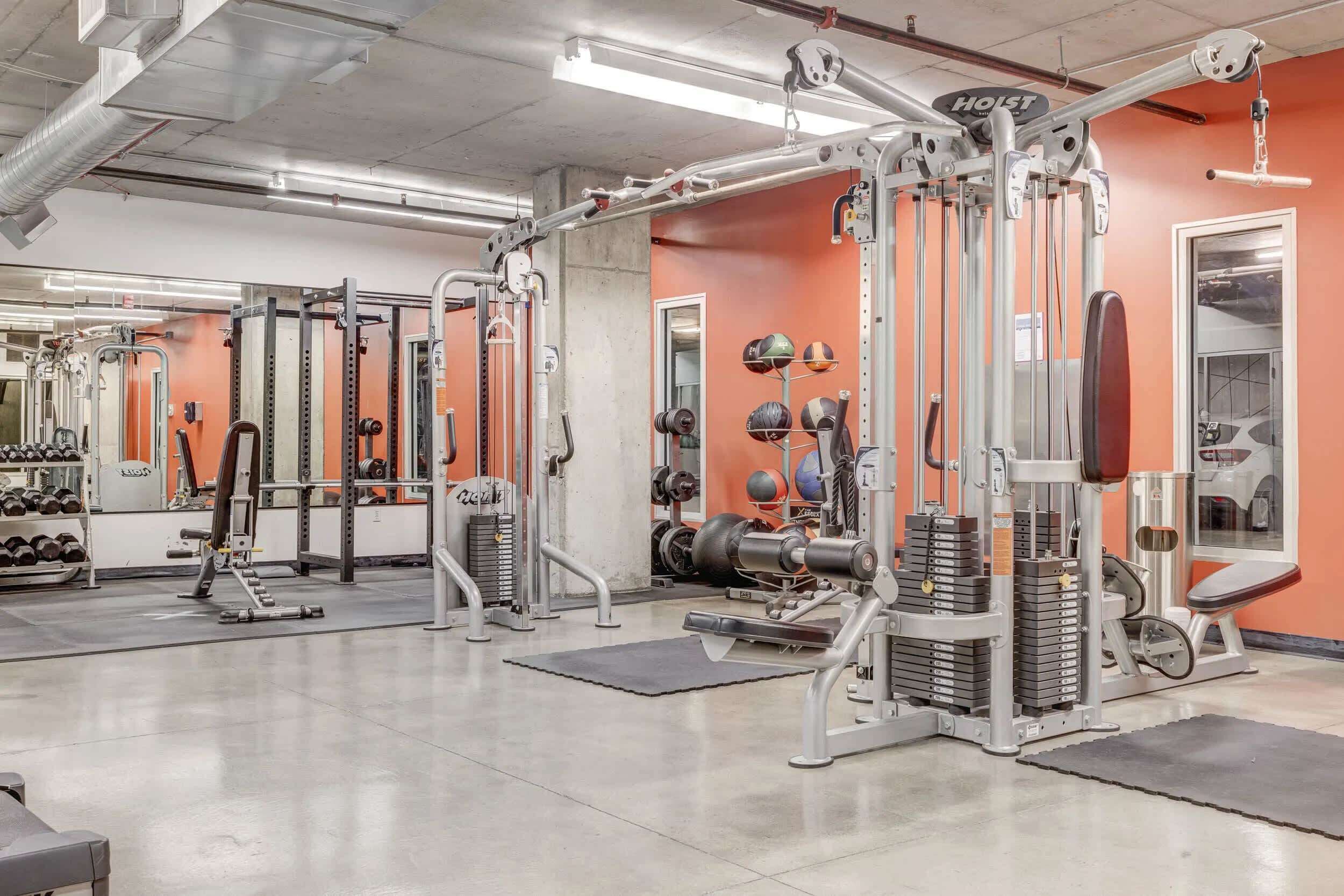 A gym with various exercise equipment, a mirror, and a wall-mounted punching bag.