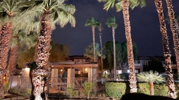 Vue nocturne d’un quartier résidentiel, avec des palmiers et une maison en arrière-plan.