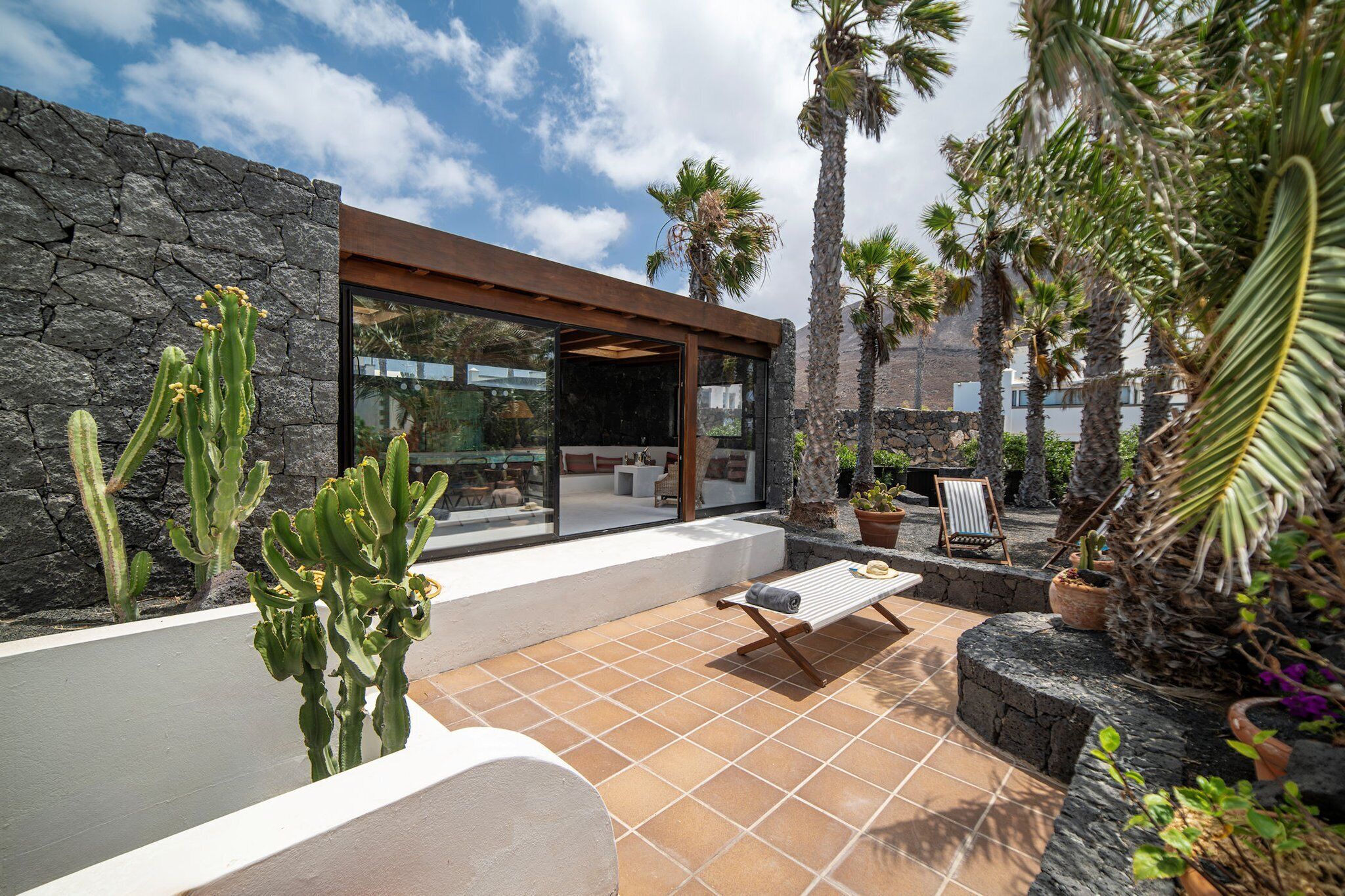 A modern outdoor patio with a stone wall, a glass door leading to a seating area, and various plants including cacti.