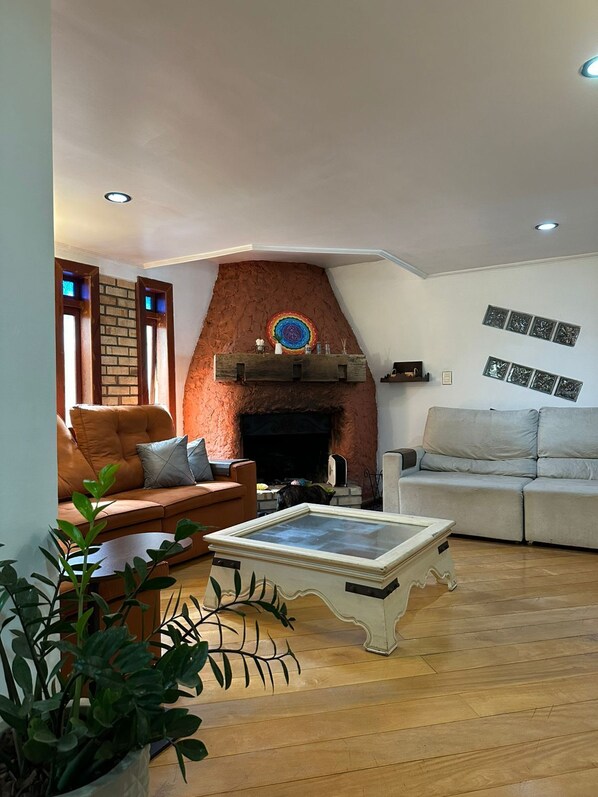 A living room with a fireplace, a sofa, a coffee table, and a plant.