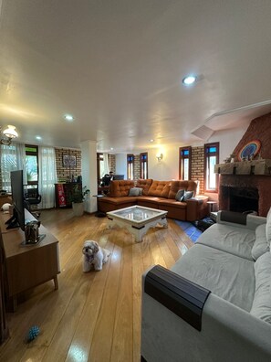 A living room with a sofa, a coffee table, a fireplace, and a television.