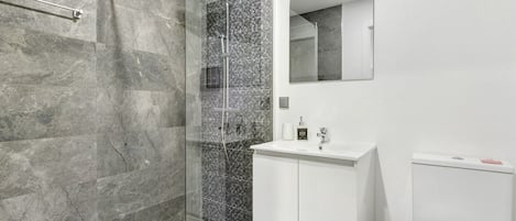 Shower, hair dryer, towels