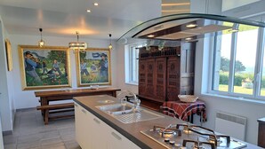 Cocina moderna con una isla central, pileta doble y cocina a gas. Hay dos cuadros en la pared, un armario de madera y una ventana con vistas.