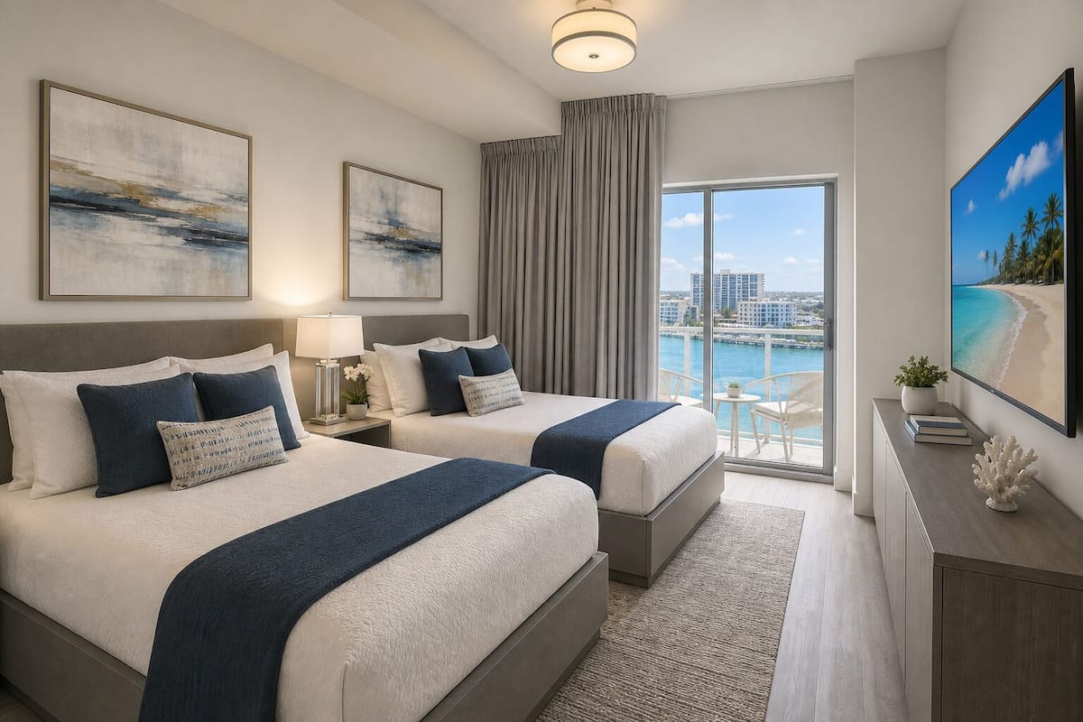 Habitación de hotel con dos camas, un ventanal con vistas a la ciudad, televisión y balcón con una silla.