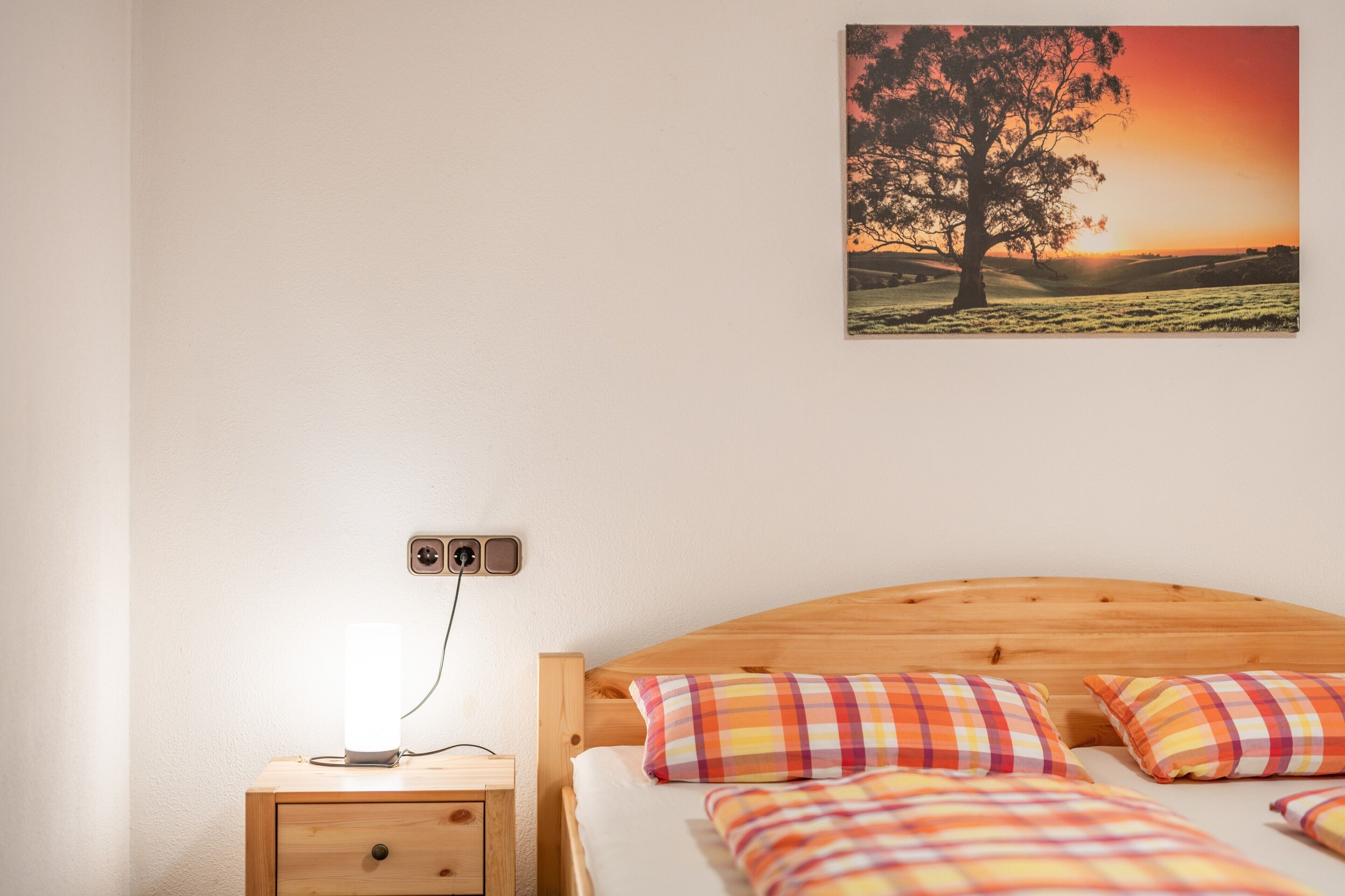 Ein Schlafzimmer mit einem hölzernen Kopfteil, einem Nachttisch mit Lampe und einem Baumgemälde an der Wand.