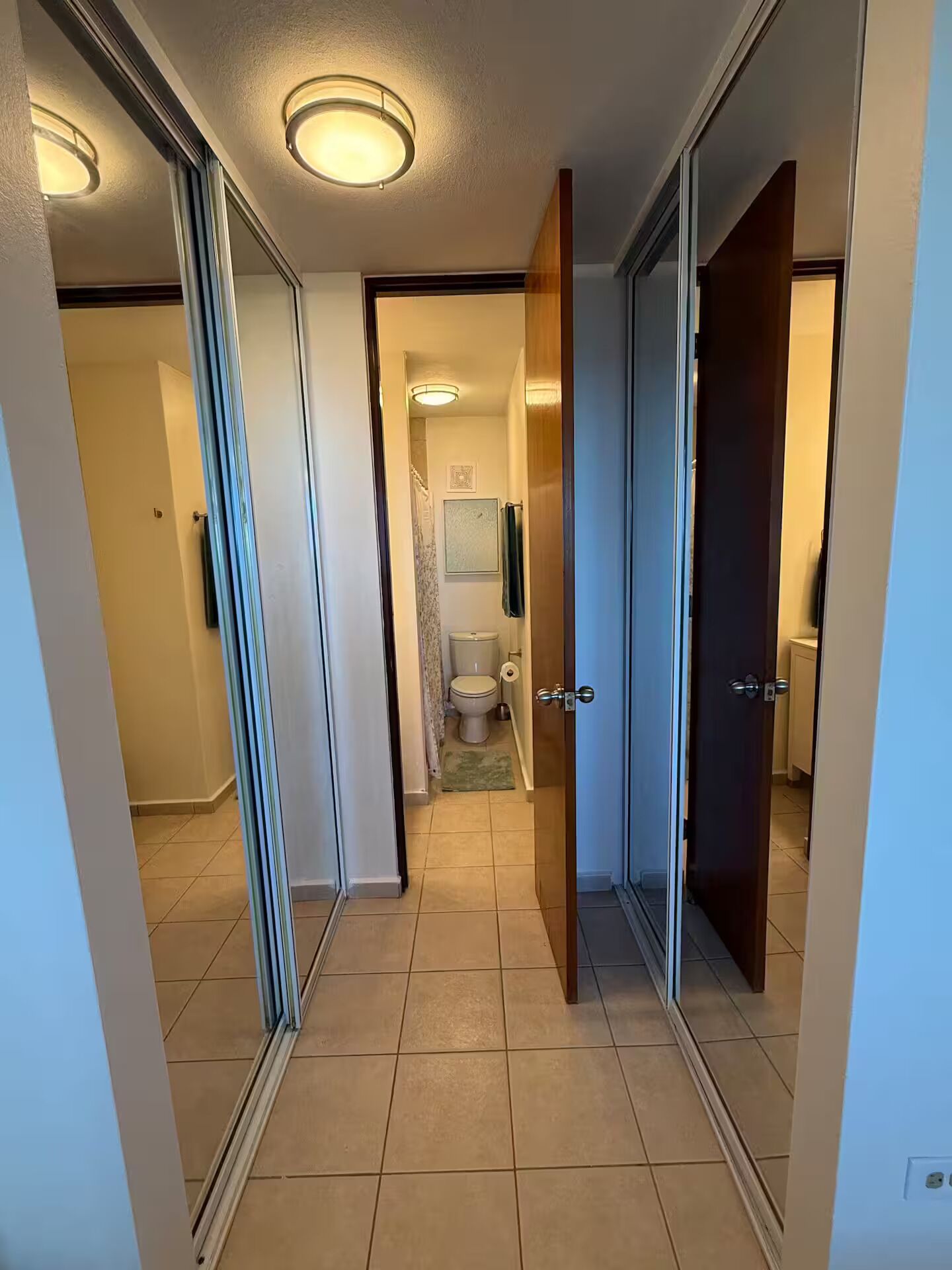 Un couloir avec des toilettes, un miroir et une porte donnant sur une autre pièce.