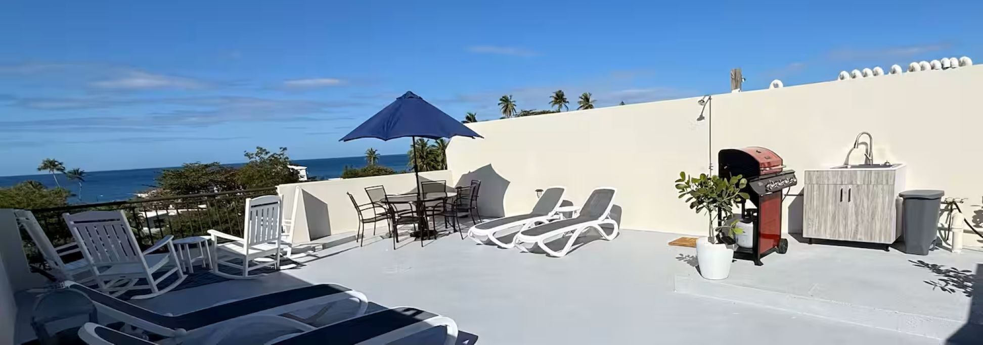 A rooftop terrace with lounge chairs, a table, a barbecue grill, and a potted plant.