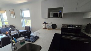 Una cocina moderna con un lavamanos de acero inoxidable, un microondas y un horno.