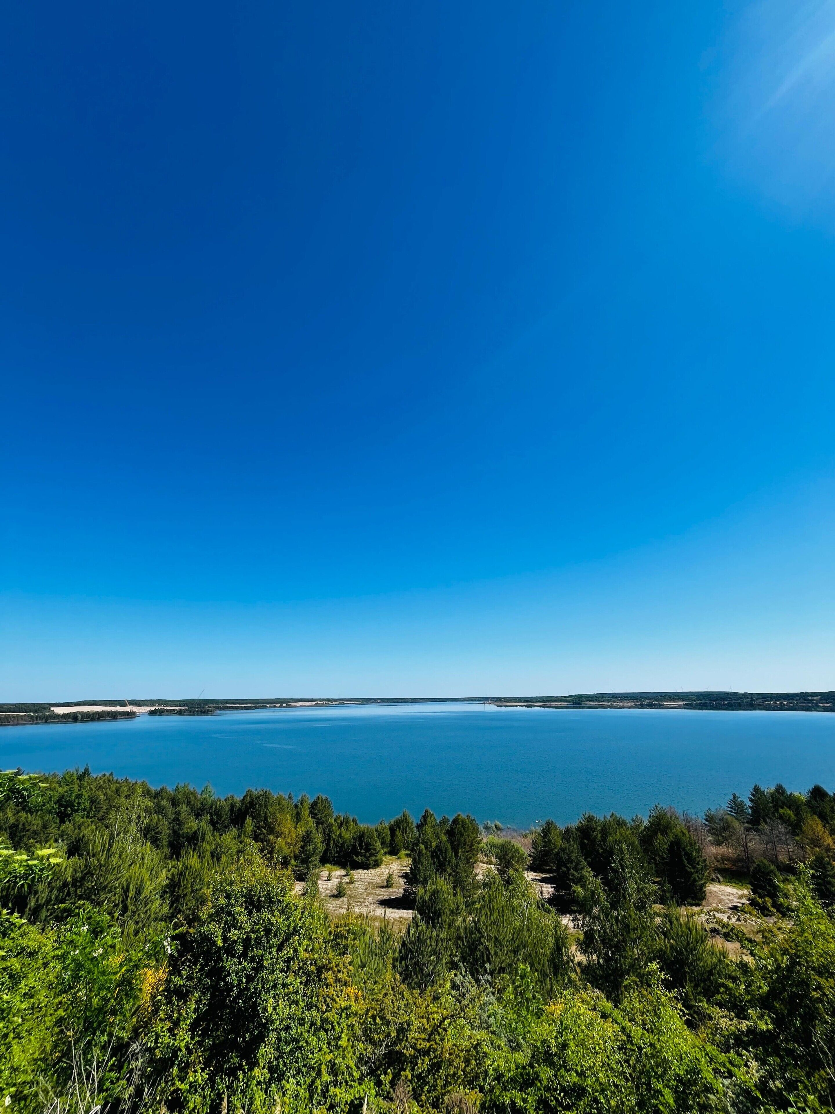 Una vista despejada de un lago con un área boscosa al frente.