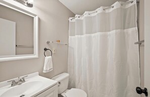 Hair dryer, towels, soap, toilet paper