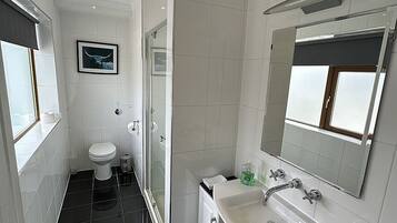 A modern bathroom with a toilet, sink, mirror, and a window.