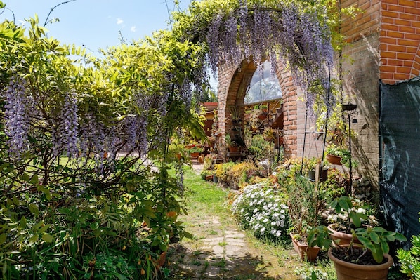 Ein Garten mit einem Ziegelbogen, Blumentöpfen und einem Weg.