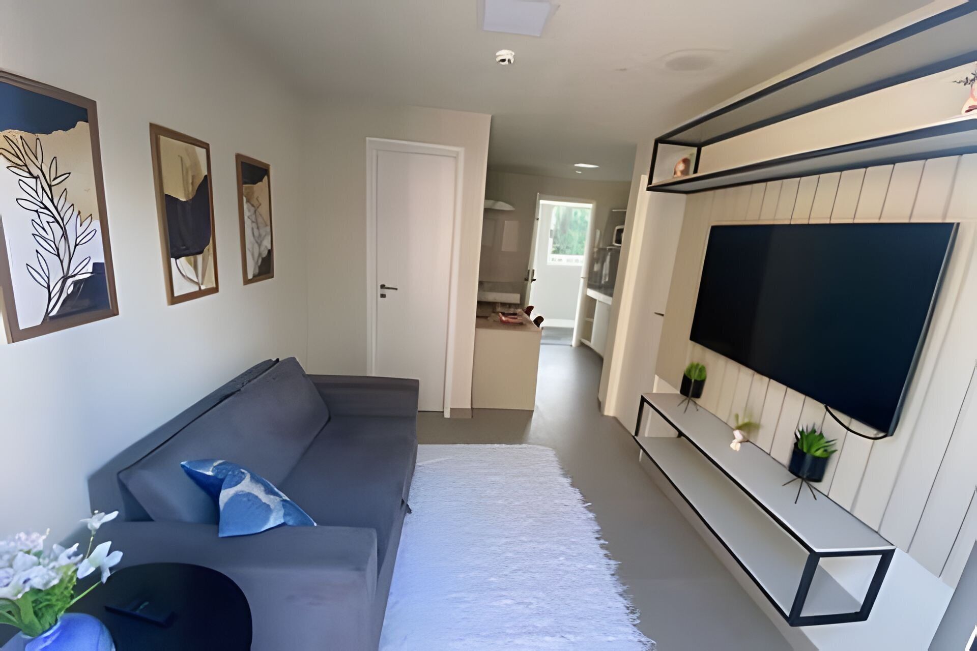 Een moderne woonkamer met een grijze bank, een flatscreen televisie aan de muur, een klein bijzettafeltje en een witte vloerkleed.