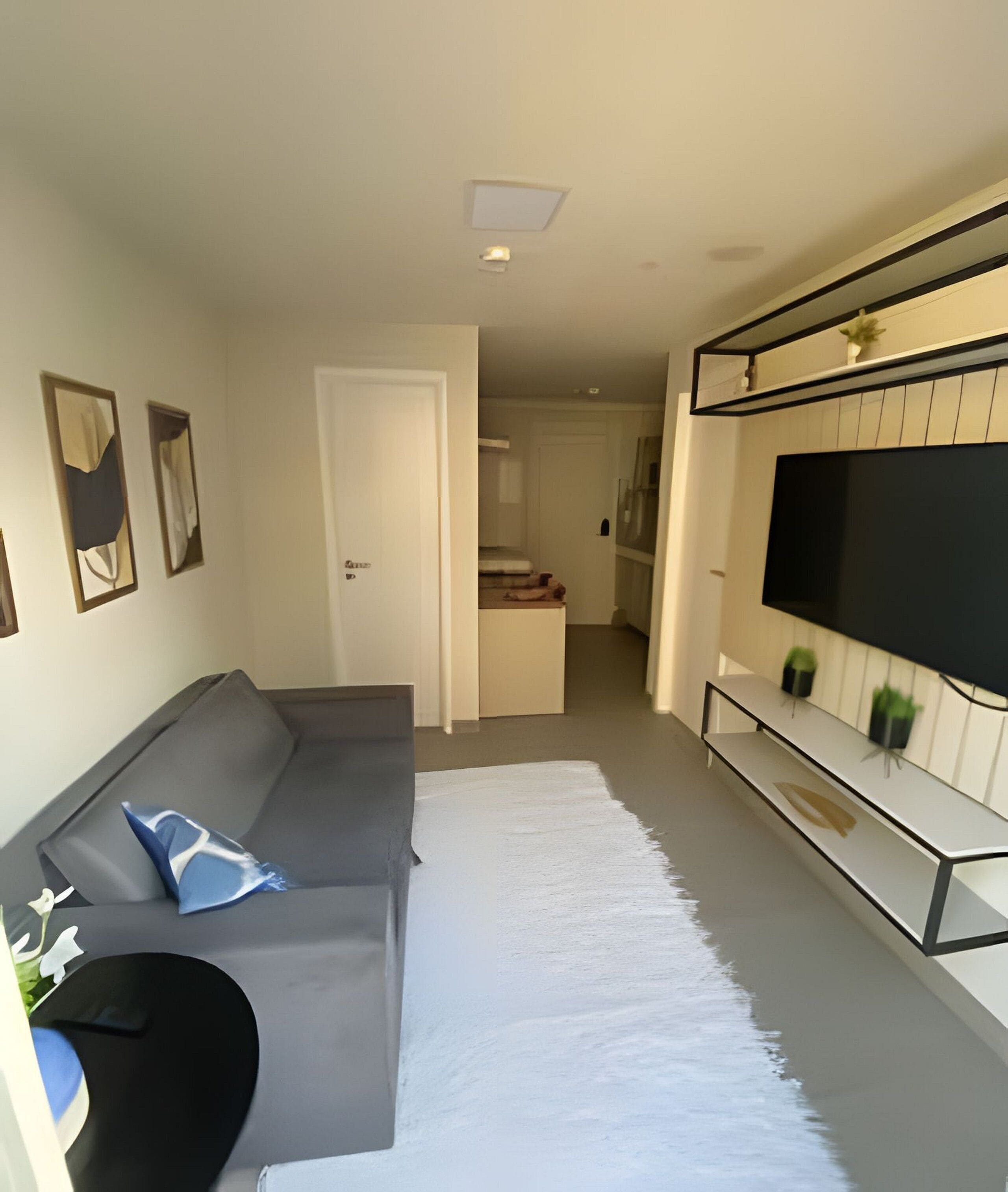A modern living room with a grey sofa, a white rug, a TV on the wall, and a small table with plants.
