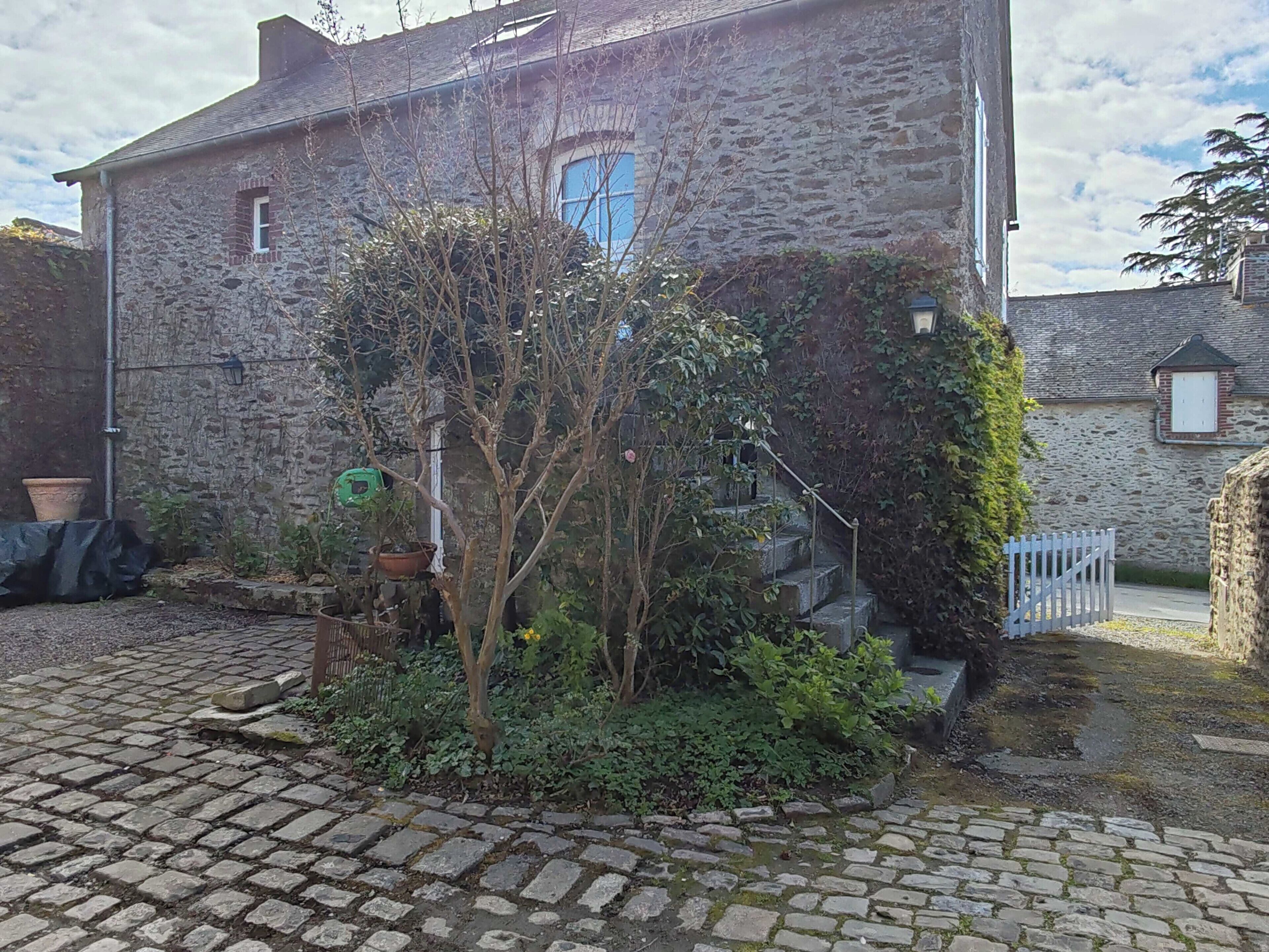 A stone building with a blue window, a small garden with a tree, and a white fence.