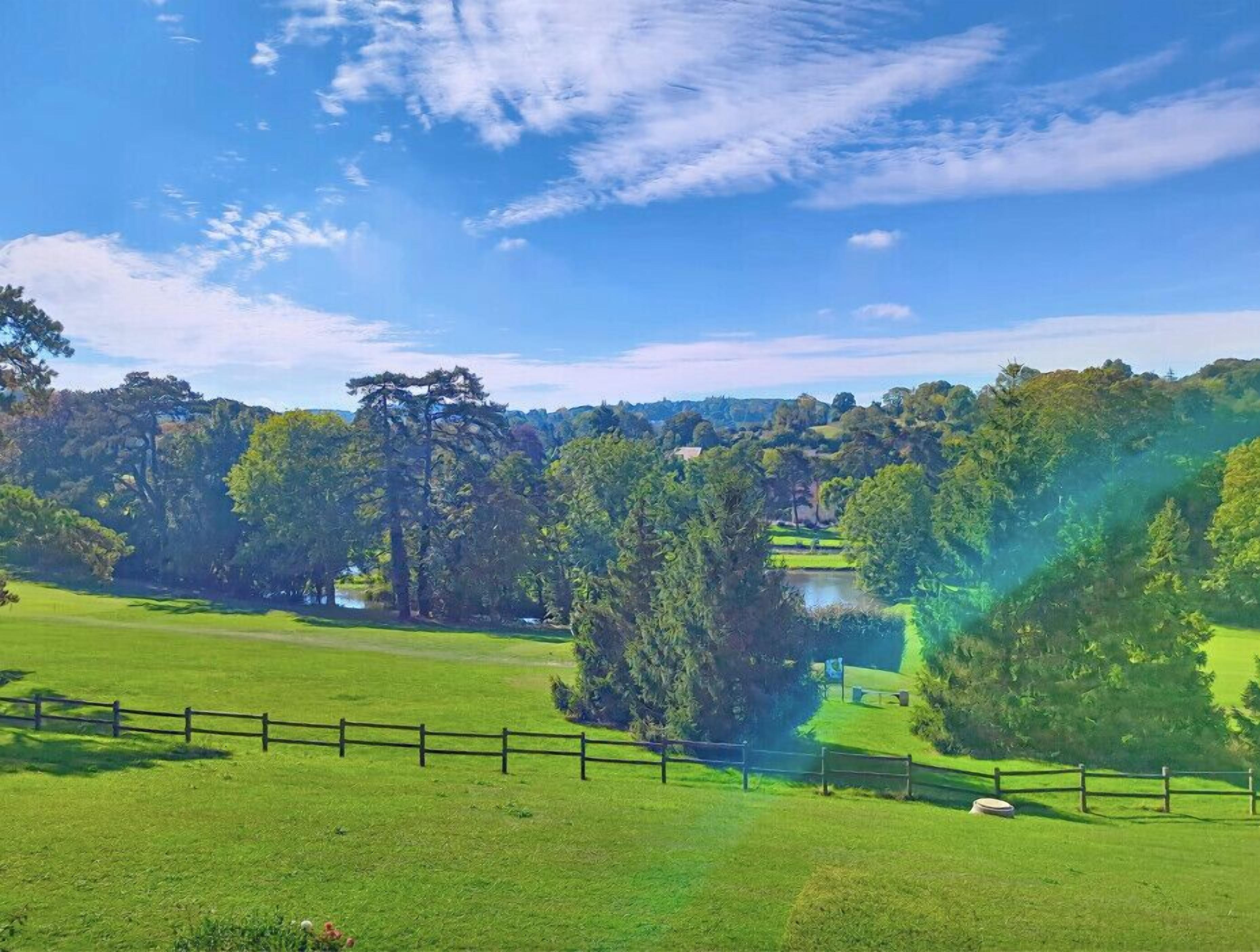 A rural landscape with a fenced field, trees, and a body of water.