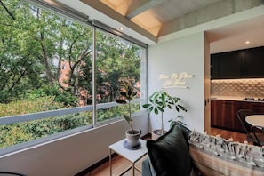 Ein modernes Wohnzimmer mit einem großen Fenster, einem Blumentopf, einer Couch und einem durch das Fenster einsehbarer Küchenbereich.