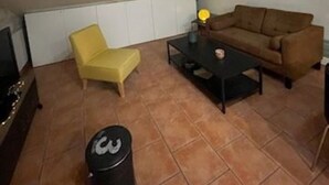 Ein Wohnzimmer mit einem braunen Sofa, einem gelben Sessel, einem kleinen Tisch, einem Mülleimer und einem Oberlicht.