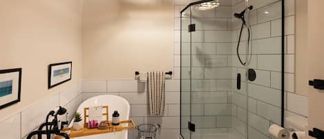 Shower, towels, soap, toilet paper