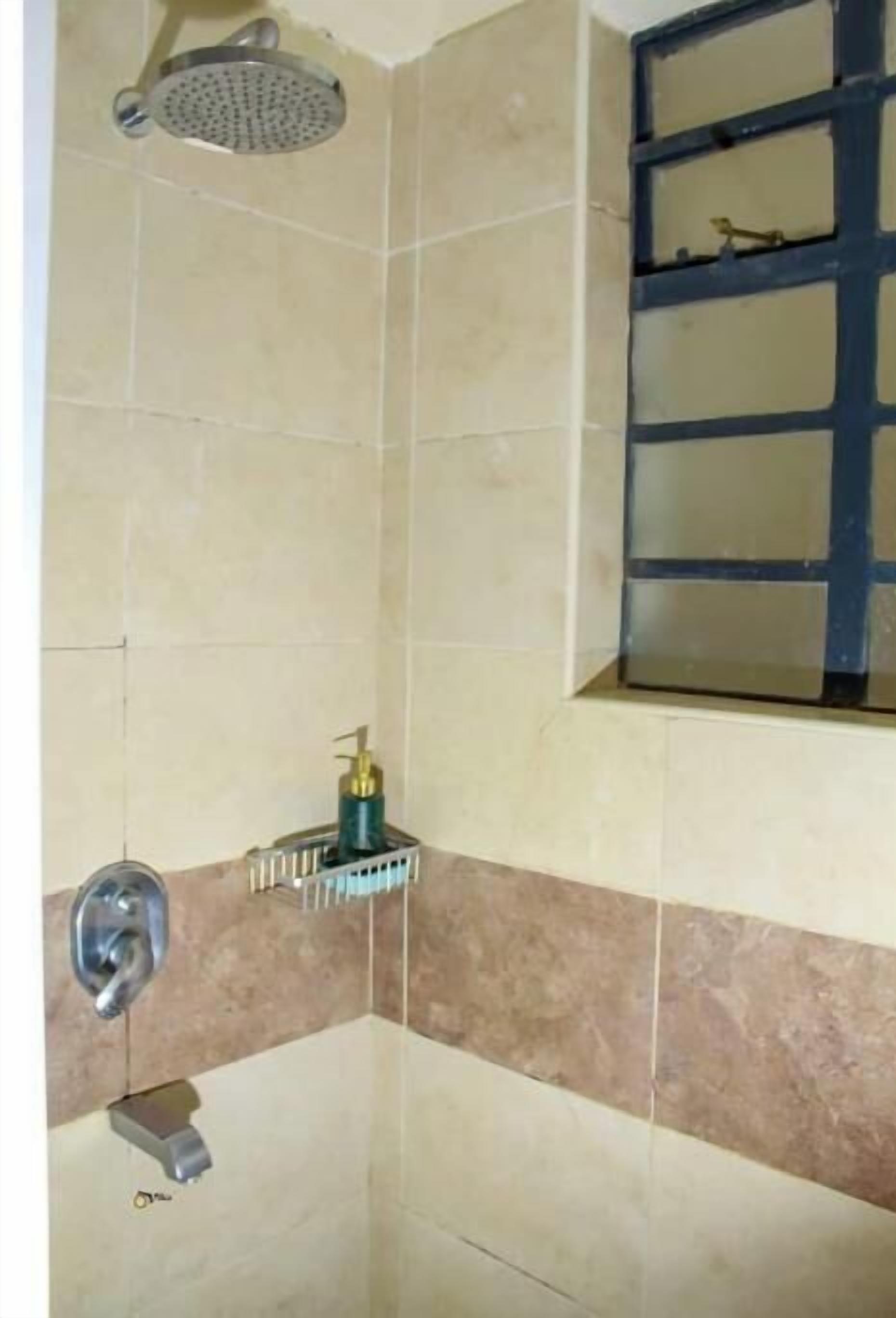 Une salle de bain avec une douche, un miroir et un distributeur de savon.