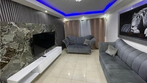 Un saló modern amb televisió de pantalla plana, sofàs grisos, una paret decorativa de marbre, una làmpada penjant i una obra d'art emmarcada d'un tigre.
