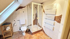 Een badkamer met douche, toilet en een handdoekhouder.