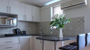 Eine Küche mit weißen Schränken, einer schwarzen Arbeitsplatte, einer Spüle und einem Blumentopf.