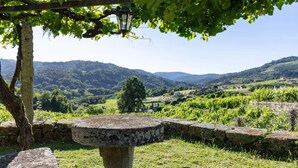 A stone table under a tree, surrounded by stone walls, with a vineyard and hills in the background. - CDC Casa do Capitán Leiro: Relax Among Vineyards and Forests in Ribeiro (Cubilledo)