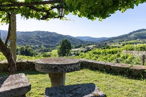 A stone table under a tree, surrounded by stone walls, with a vineyard and hills in the background. - CDC Casa do Capitán Leiro: Relax Among Vineyards and Forests in Ribeiro (Cubilledo)