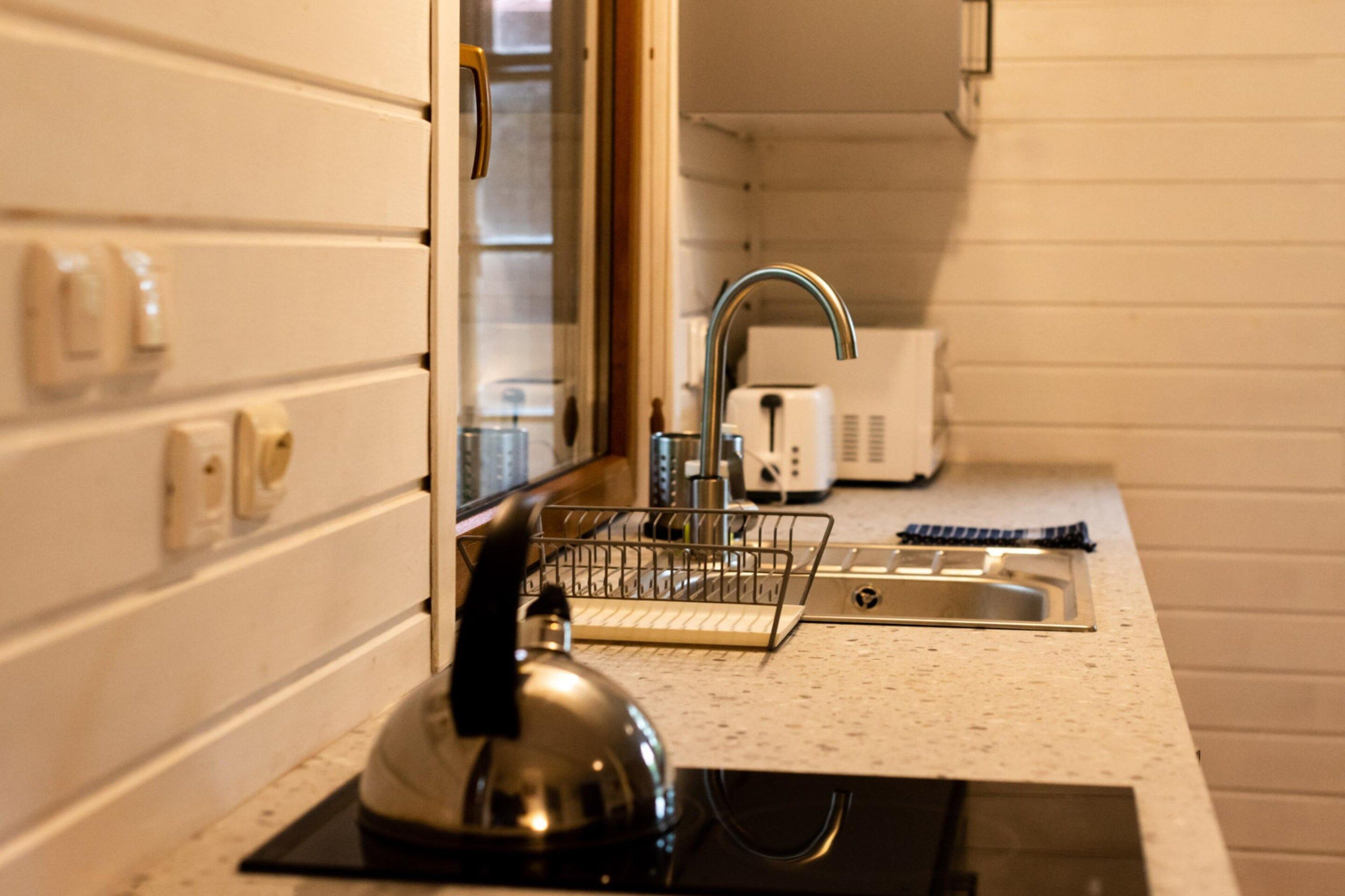 A kitchen with a kettle, a sink, and a toaster.