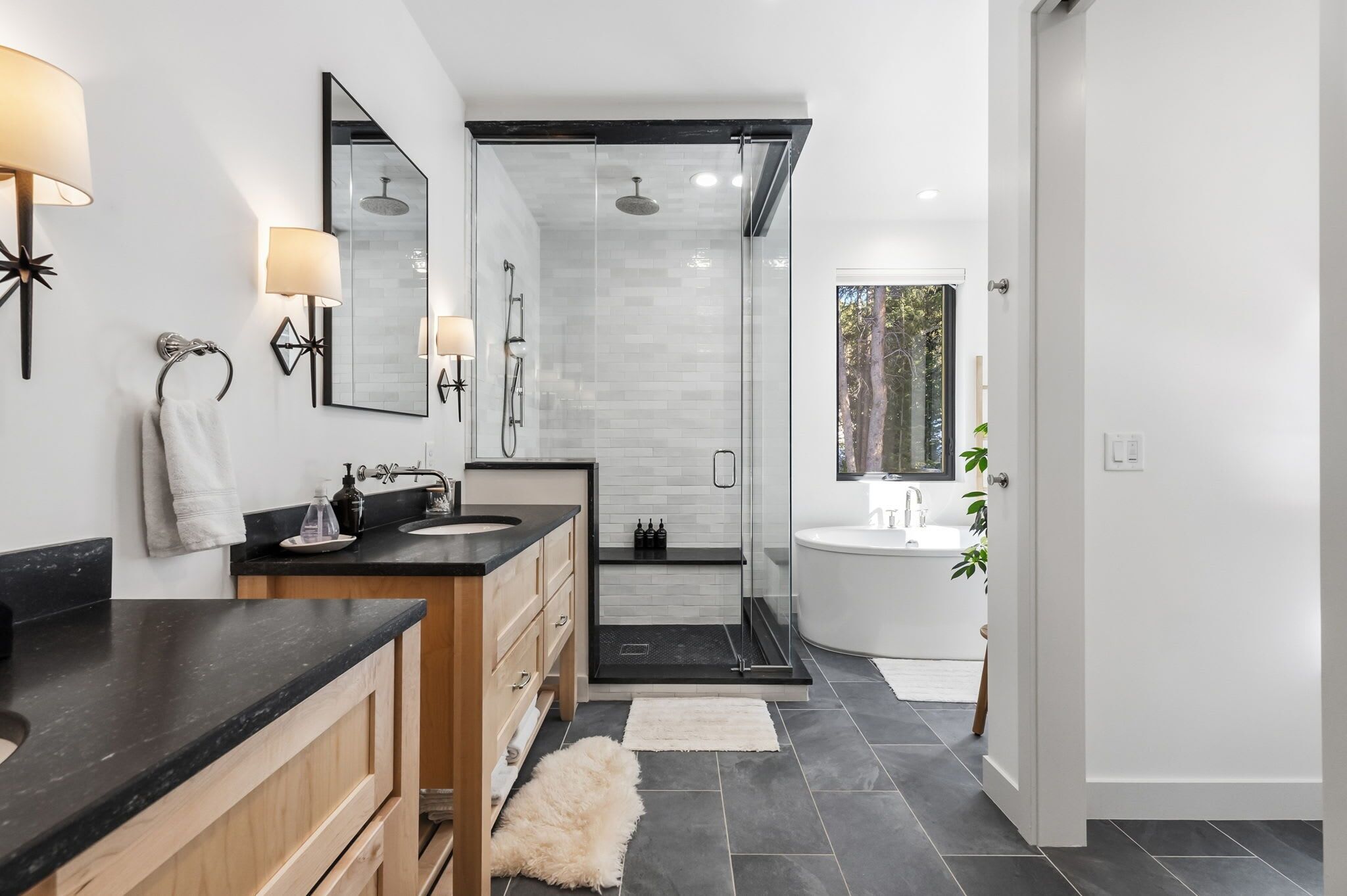 Shower, hair dryer, towels, shampoo
