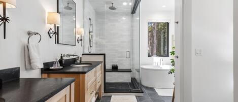 Shower, hair dryer, towels, shampoo